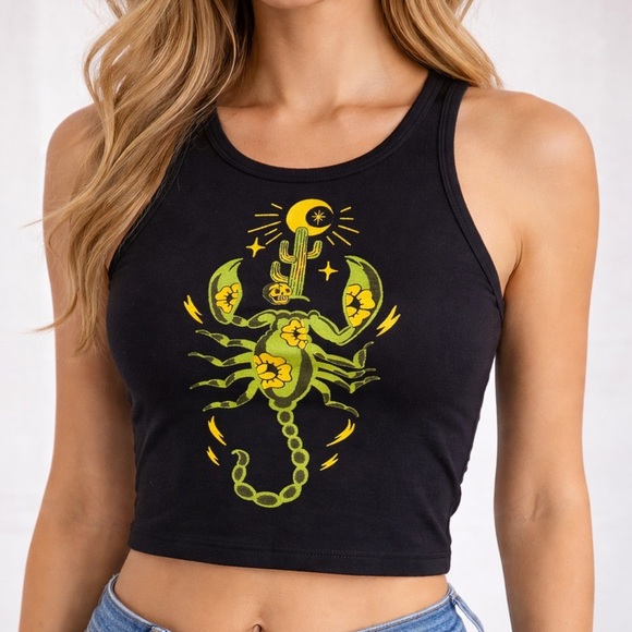 mischief made Tops - Black Crop Top with Green Scorpion Design